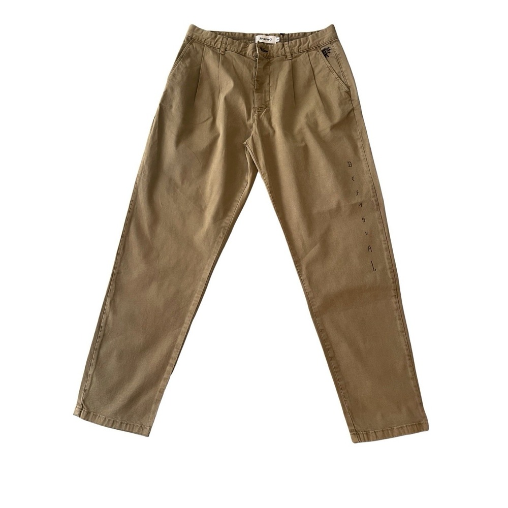 Desigual Mens Pant Peter Khaki Pleated Tapered Chino Casual Trousers Size 30 NEW